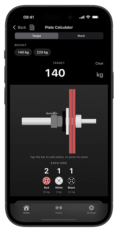 Plate Calc target mode showing 140 kg and the plates on each side