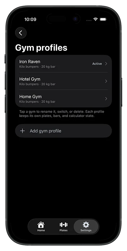 Gym profiles for Iron Raven, a hotel gym and a home gym