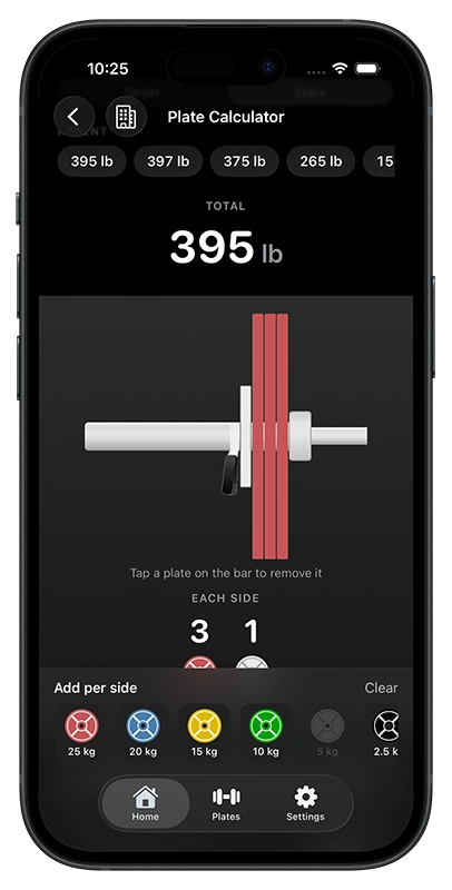 Plate Calc showing 395 lb while adding kilo plates