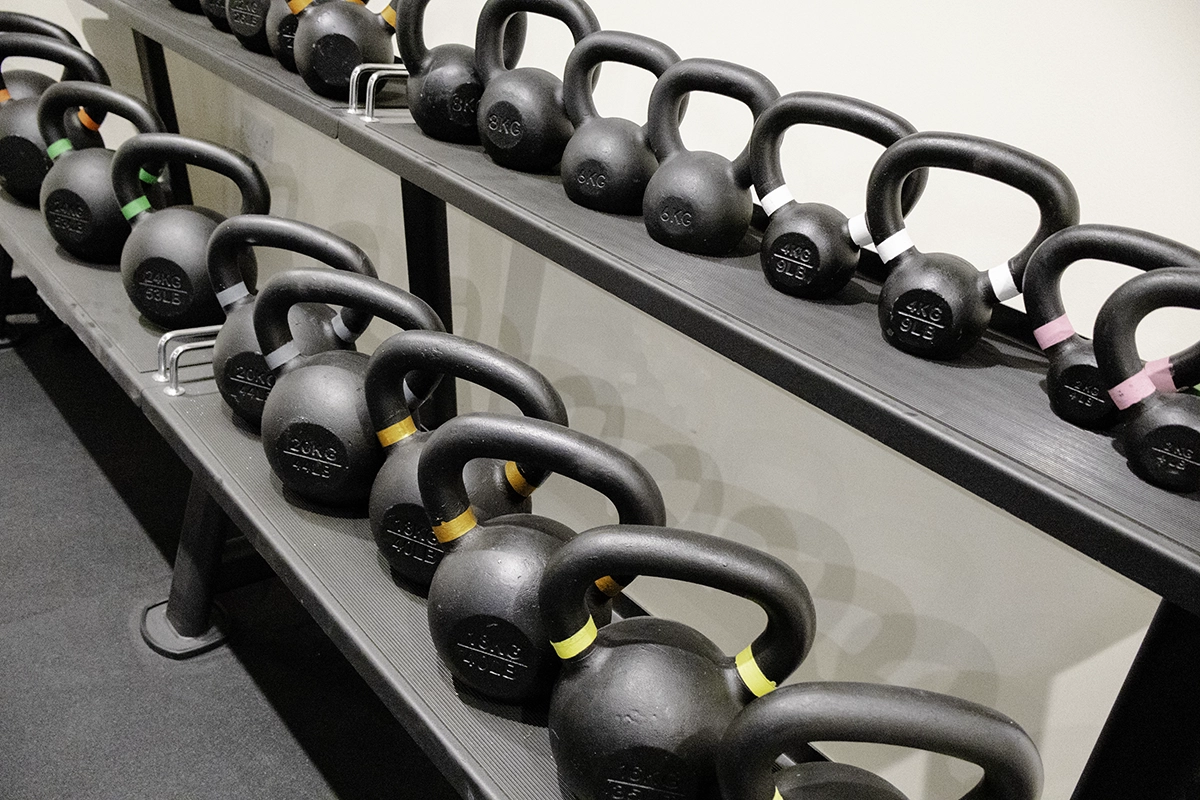 Kettlebells in the dumbbell room at Iron Raven gym, Tonbridge