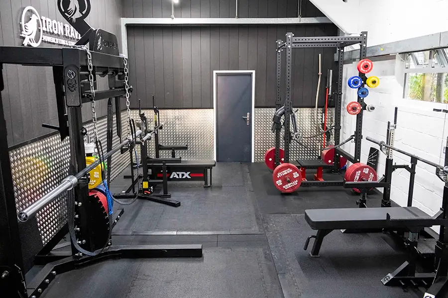 Ground floor racks and benches at Iron Raven Powerlifting Club, Tonbridge