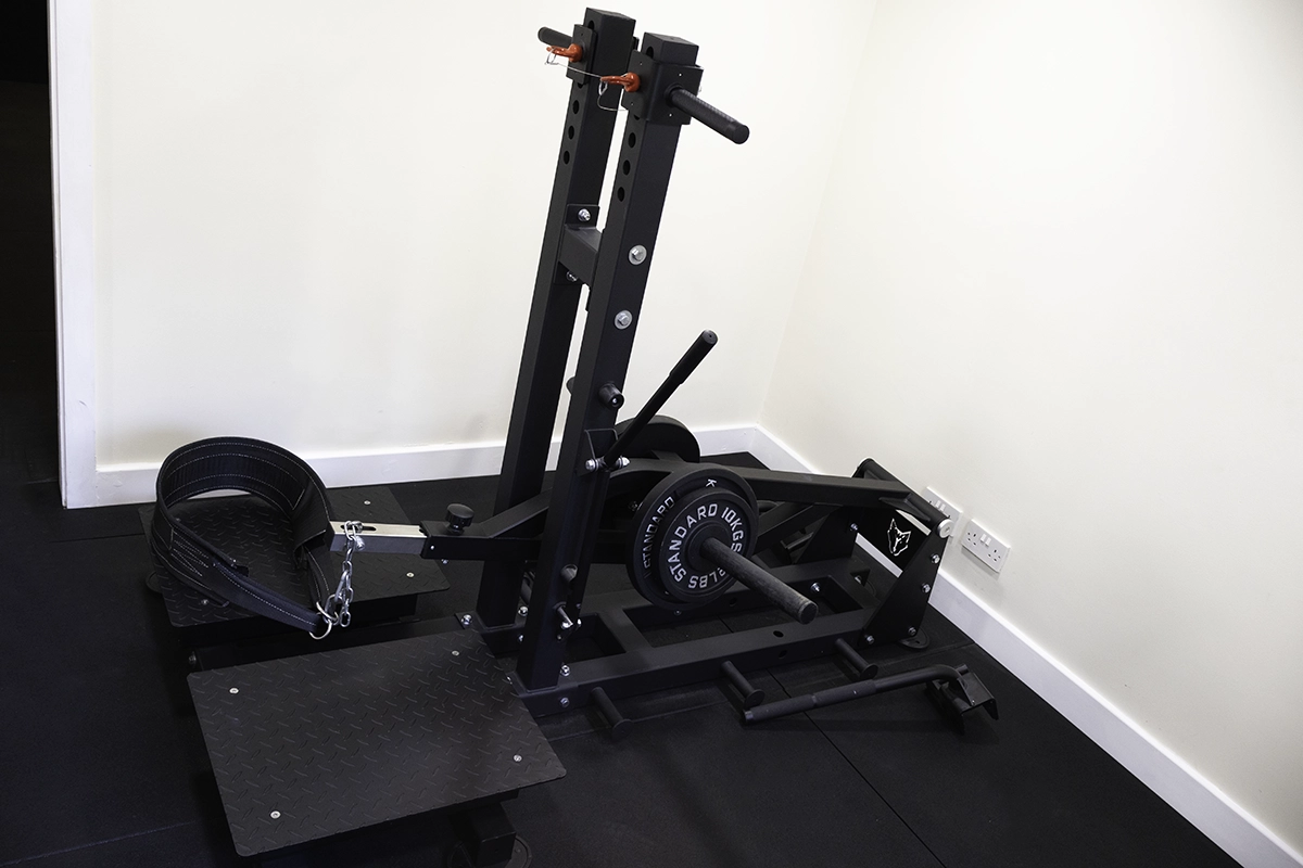 Belt squat machine in the leg room at Iron Raven gym, Kent