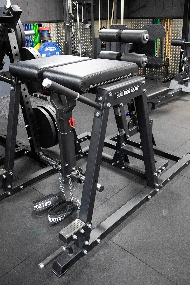 Reverse hyperextension and glute ham developer upstairs at Iron Raven Powerlifting Club, Kent